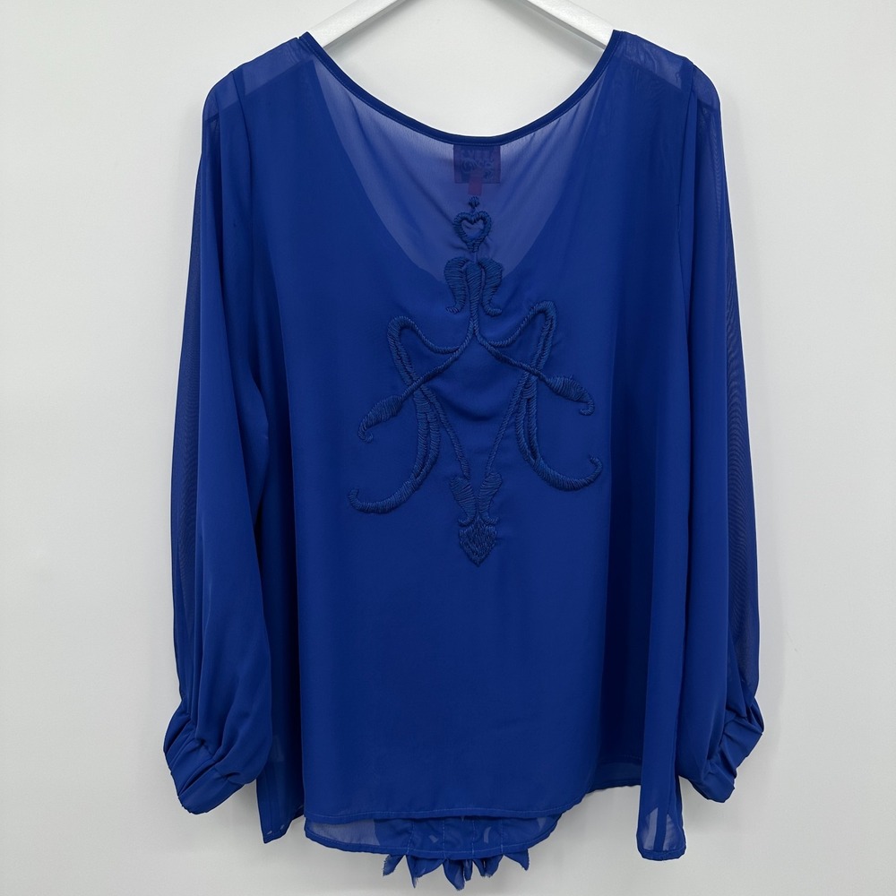 Abby Z Top Shirt Blouse Size 2X Sheer Ruffle Embroidered Coquette Elegant Glam - Picture 9 of 14
